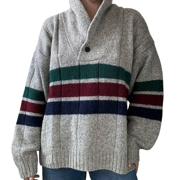 Vintage 1990s Eddie Bauer Mens Striped Wool Cowl Neck Chunky Sweater XL - Picture 4 of 7